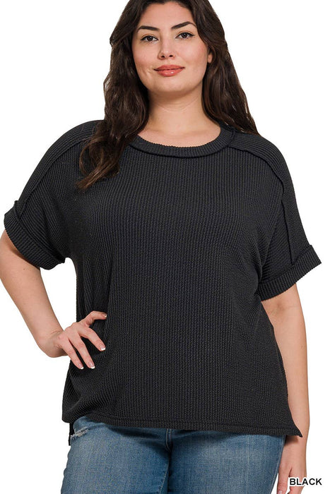 Plus Size Corded Rib Cuff Sleeve Raw Edge Top | Zenana | Heartland Store MN