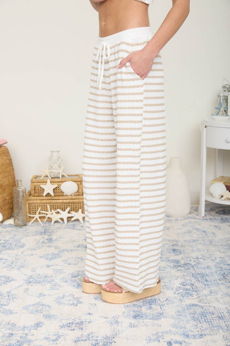 TEXTURED STRIPE DRAWSTRING WIDE LEG LOUNGE PANTS