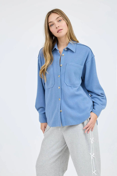 RIB KNIT EXPOSED SEAM BUTTON UP SHACKET JACKET