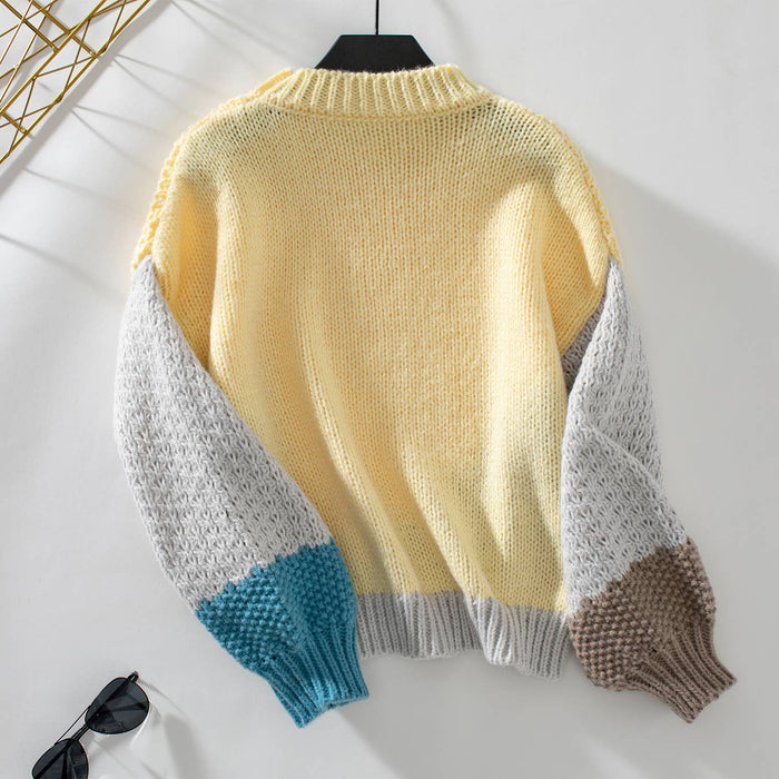 COLOR BLOCK CREW-NECK LONG-SLEEVED SWEATER Cozy Women's Knit Pullover