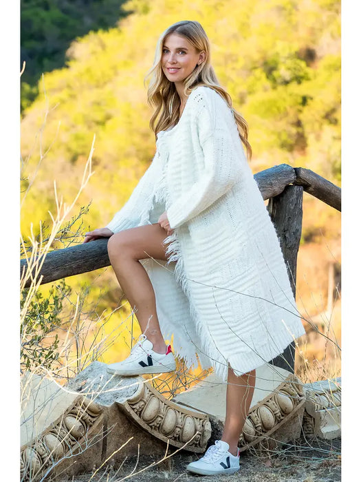 FRINGED LONGLINE CARDIGAN WHITE