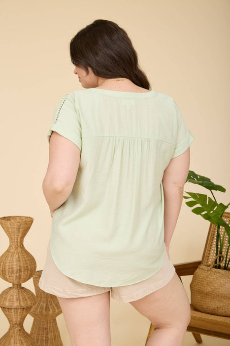 PLUS SIZE HALF BUTTON LACE TRIM SHORT SLEEVE TOP
