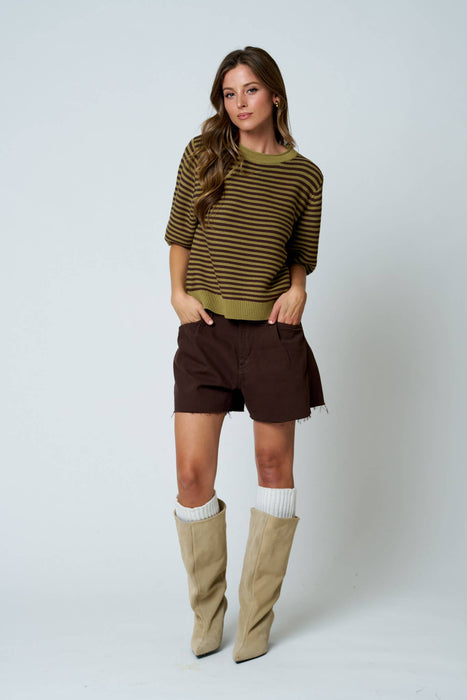 TEXTURED STRIPE CREW NECK HALF SLEEVE SWEATER