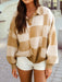 beige Women’s checkered V-neck knit sweater with collar and buttons
