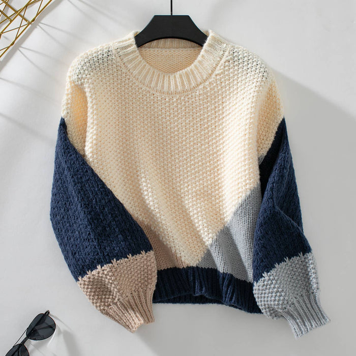 COLOR BLOCK CREW-NECK LONG-SLEEVED SWEATER Cozy Women's Knit Pullover