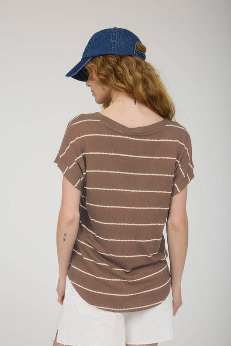 STRIPE V NECK CUFFED SHORT SLEEVE KNIT TOP