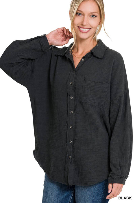 Oversized Raw Edge Shirt With Back Patch Zenana Brand