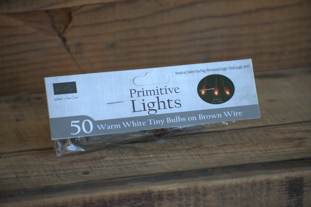 50 Bulb Primitive Teeny String Lights 10ft Brown Cord Plug In Ideal Warm Lights for Indoors.