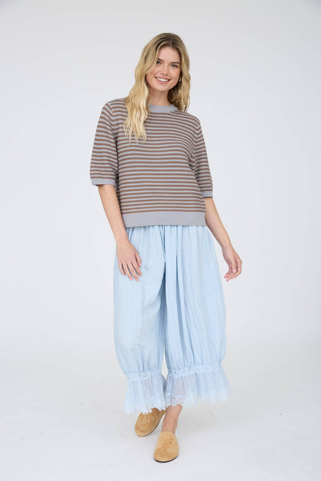 TEXTURED STRIPE CREW NECK HALF SLEEVE SWEATER