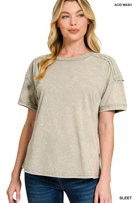 Acid Washed Round Neck T-Shirt – Relaxed Fit, 3 Color Options | Zenana | Heartland Store MN