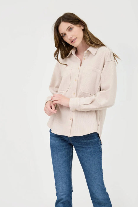 RIB KNIT EXPOSED SEAM BUTTON UP SHACKET JACKET