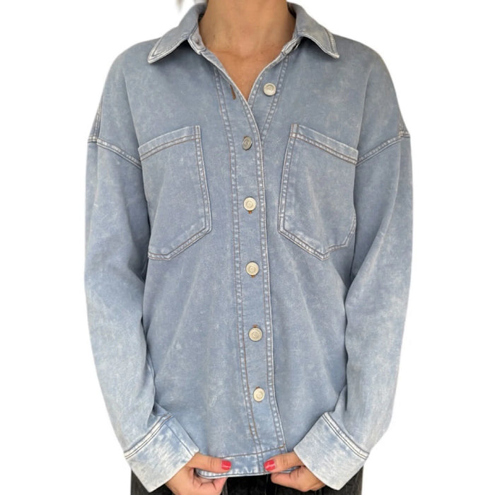 Women’s acid washed collared button down shirt in soft fabric by Blue Pepper at Heartland Store MN