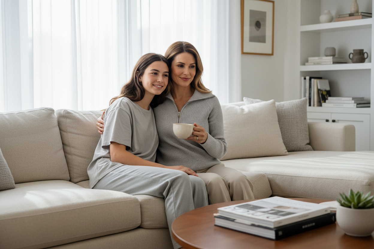make it a woman with a half zip drink a tea and her teenage daughter wearing a grey t shirt not so close up 