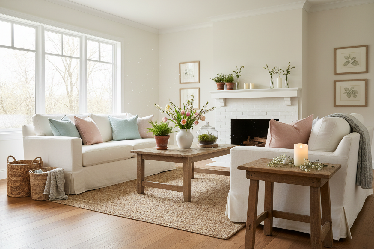 natural room with spring elements in it with a flameless candle sitting on a end table