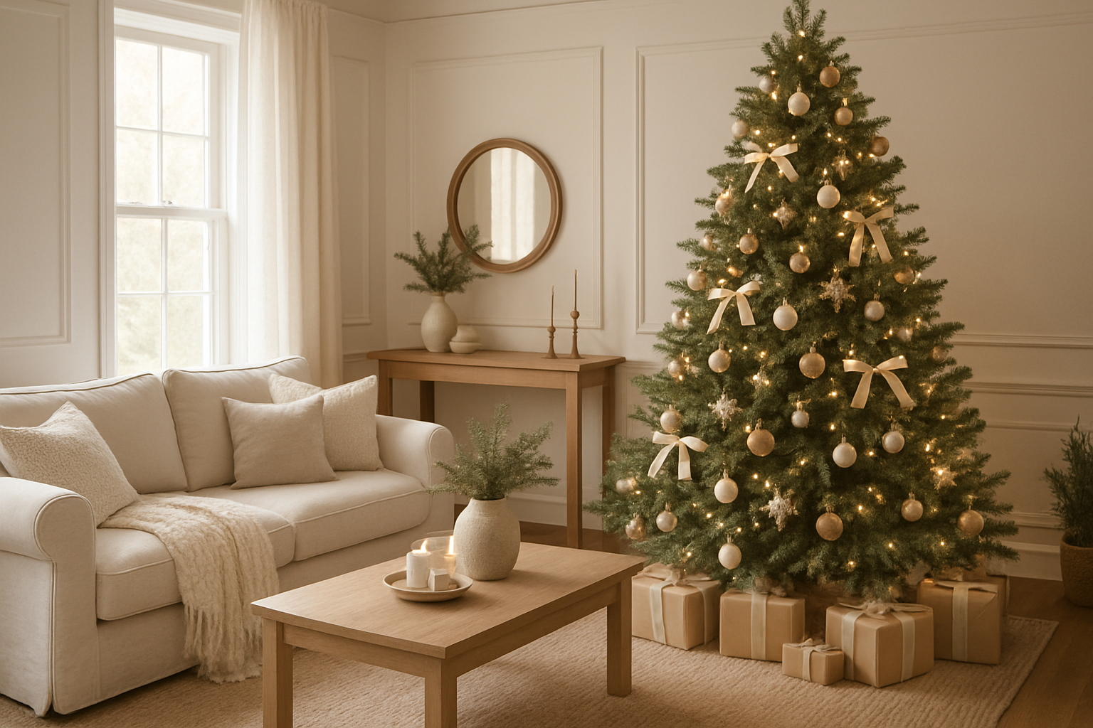 neutral Christmas home with Christmas tree
