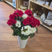 Artificial patriotic cemetery flowers with red geranium blooms perfect for veteran.