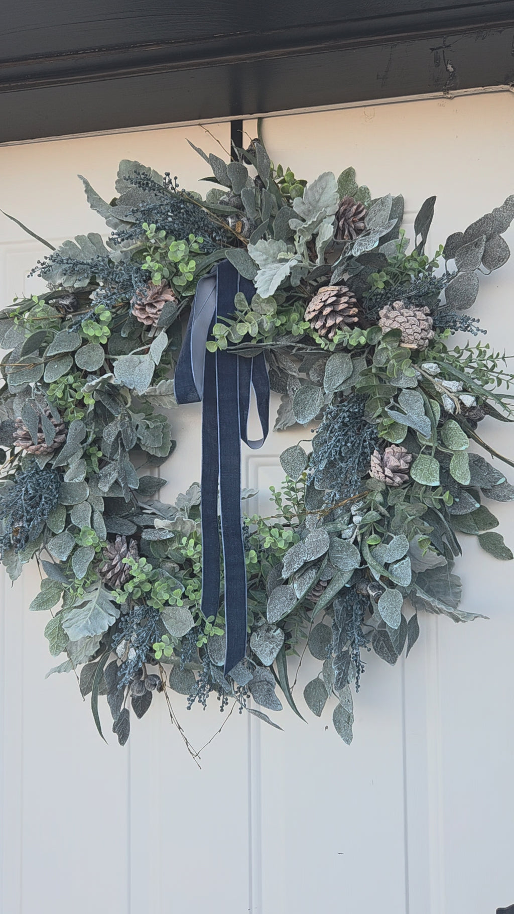Handmade blue velvet ribbon wreath – front door décor Minnesota homes