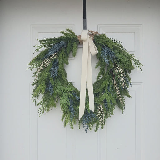 Artificial 24-inch spruce swag wreath with blue berries and champagne cedar – Heartland Store MN