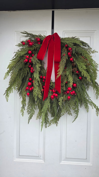 Realistic artificial pine wreath with red berries – durable outdoor front door décor