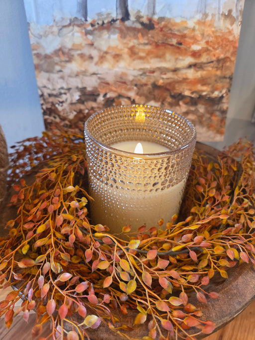 Champagne dotted glass flameless candle with 3D flicker LED flame and 6-hour timer feature