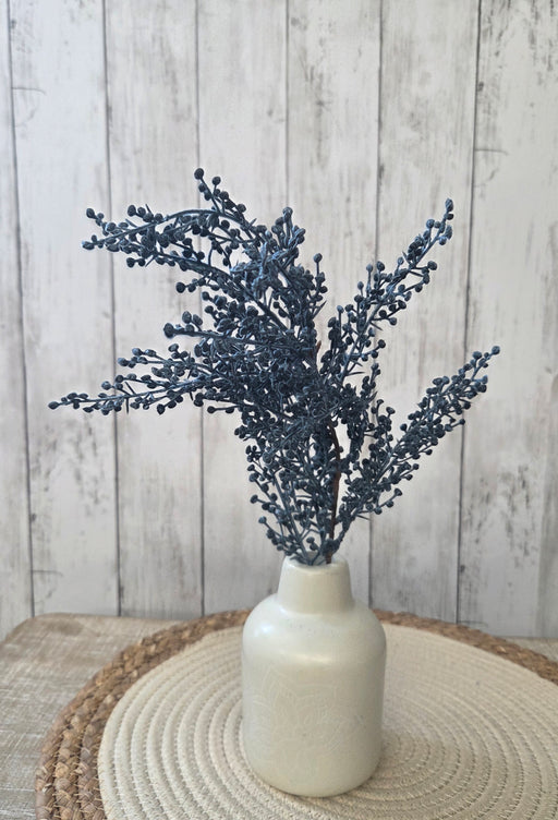 13-inch artificial blue berry stem with matte finish berries – seasonal decor stem from Heartland Store MN