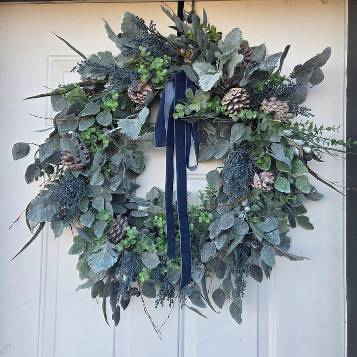 Realistic handmade wreath with blue accents – Rochester MN home styling