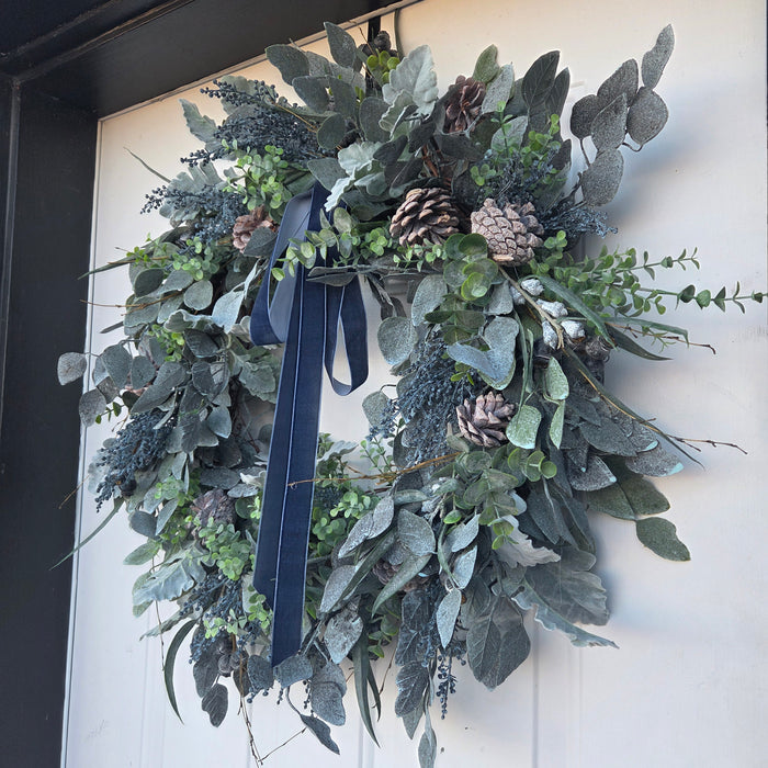 Handmade 28-inch eucalyptus wreath with blue velvet ribbon – Heartland Store MN