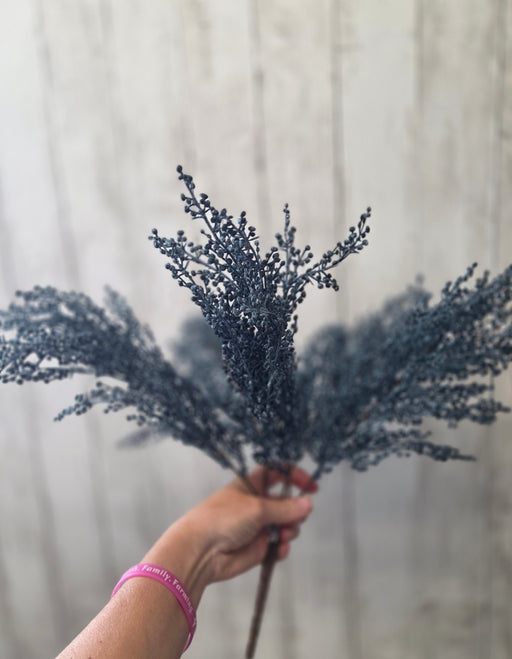 Top view of artificial blue berry pick showing all 5 stems – perfect for DIY wreaths and winter arrangements