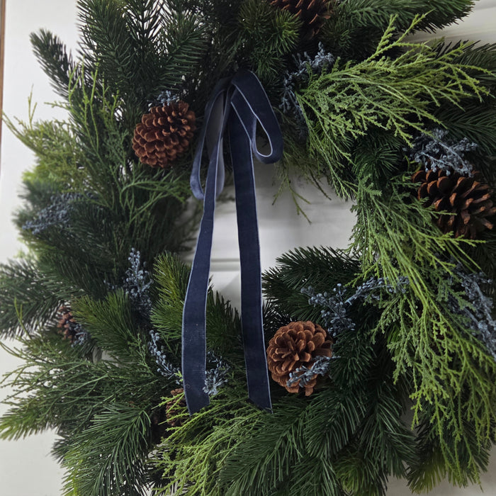 Artificial 28"  Mixed Pine Wreath with Blue Berries & Trendy Ribbon  Outdoor Front Door Wreath | Heartland Store MN