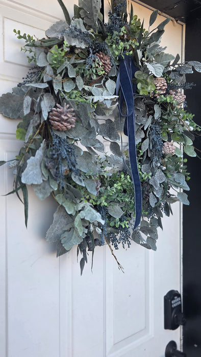 Modern farmhouse wreath with eucalyptus greenery and velvet bow – Winona area