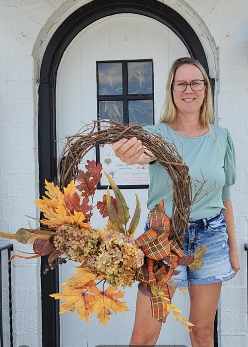 Handcrafted in Minnesota Fall Door Wreath  – Orange, Gold & Red Accents