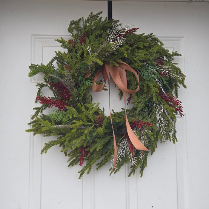 Artificial 22" Mixed Pine Wreath with Red Berries & Rich Brown Ribbon  Outdoor Front Door Wreath | Heartland Store MN