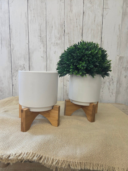 Ceramic White Planter 4" x 4" with Wood Stand Set of 2