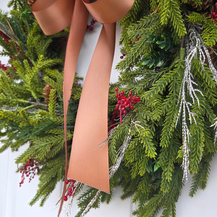 Artificial 22" Mixed Pine Wreath with Red Berries & Rich Brown Ribbon  Outdoor Front Door Wreath | Heartland Store MN