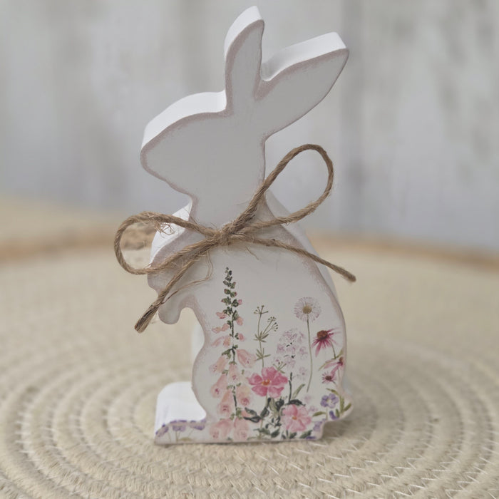 Farmhouse spring bunny decor with jute ribbon accent