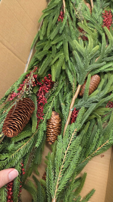 Red Artificial Austrian Pine Real Touch Garland Deluxe  With Red Berries 6 Feet