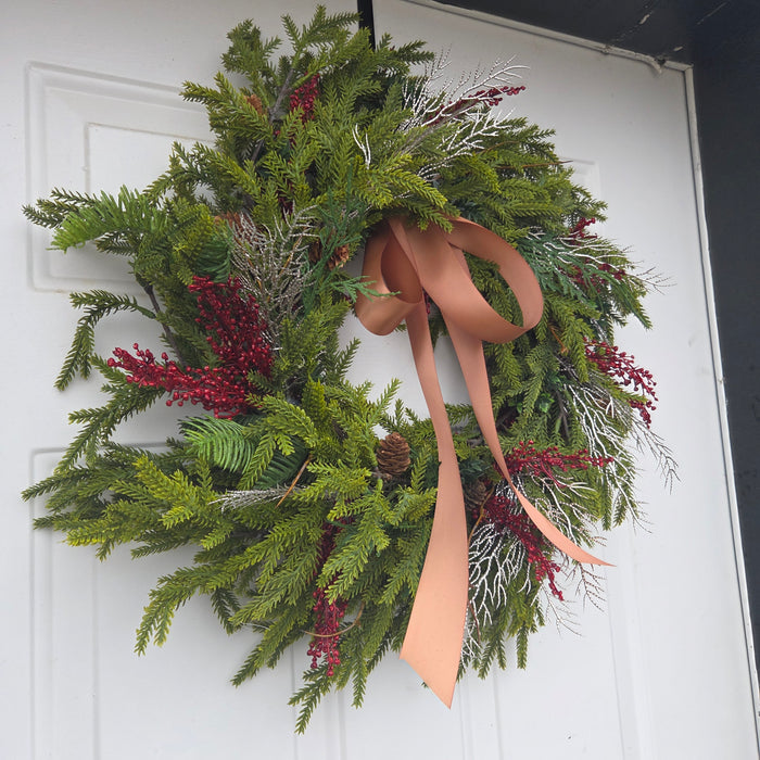 Artificial 22" Mixed Pine Wreath with Red Berries & Rich Brown Ribbon  Outdoor Front Door Wreath | Heartland Store MN