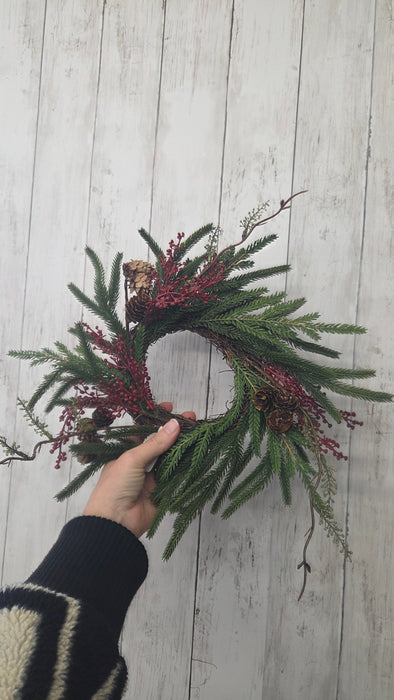 Artificial 8" Austrian Pine Mix With Red Berries Candle Ring