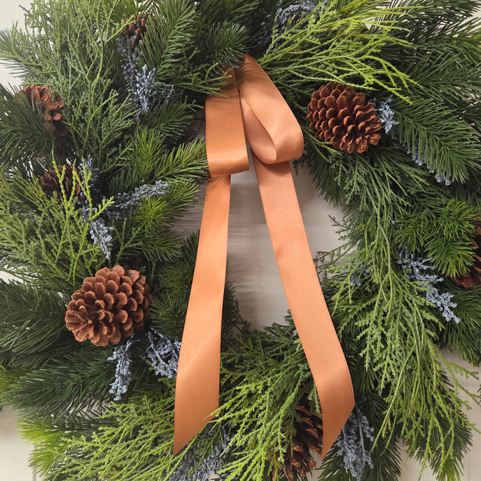 Artificial 28"  Mixed Pine Wreath with Blue Berries & Trendy Ribbon  Outdoor Front Door Wreath | Heartland Store MN