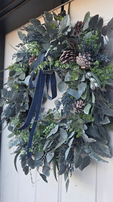 Artificial eucalyptus wreath with blue berries and ribbon – winter front door style