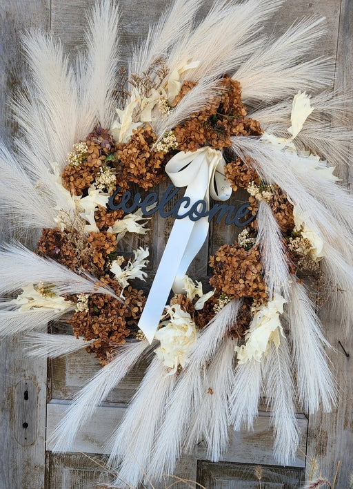 Artificial Beige Pampas grass & Rust Hydrangea  Handcrafted Wreath – with Black Welcome Sign