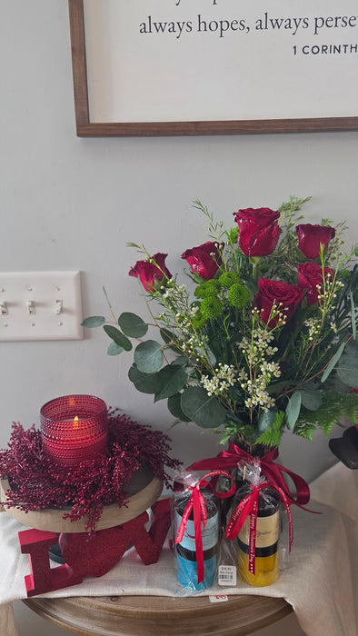 Classic Red Roses with Eucalyptus, Green mums, and White Fillers-  Fresh Flowers
