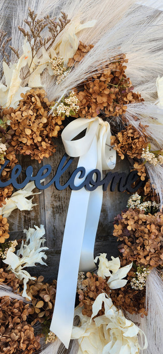 Handcrafted Fall Wreath – Artificial Pampas Grass, Rust Hydrangea, Welcome Sign