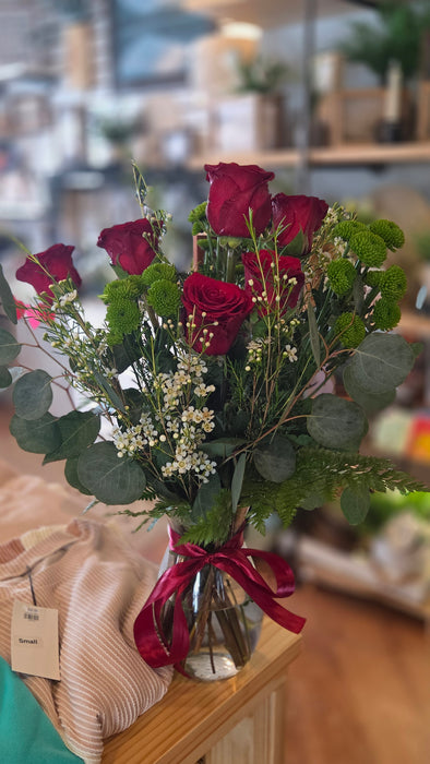 Classic Red Roses with Eucalyptus, Green mums, and White Fillers-  Fresh Flowers