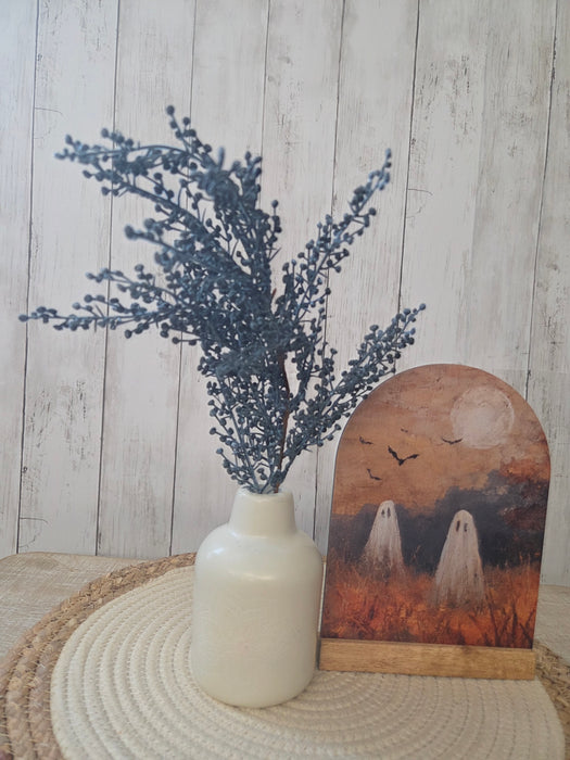 Petite faux blue berry stem displayed with fall and winter greenery – perfect for Minnesota home decor