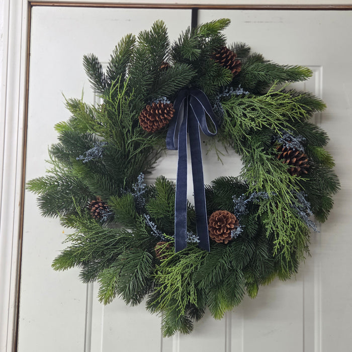 Artificial 28"  Mixed Pine Wreath with Blue Berries & Trendy Ribbon  Outdoor Front Door Wreath | Heartland Store MN
