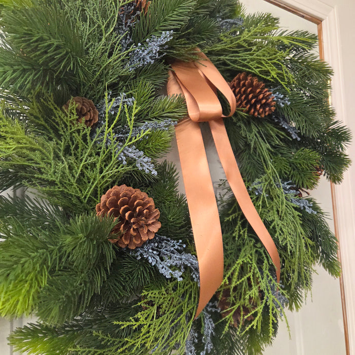Artificial 28"  Mixed Pine Wreath with Blue Berries & Trendy Ribbon  Outdoor Front Door Wreath | Heartland Store MN