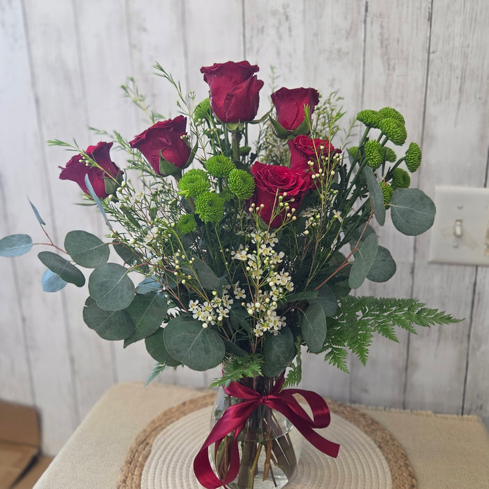 Classic Red Roses with Eucalyptus, Green mums, and White Fillers-  Fresh Flowers
