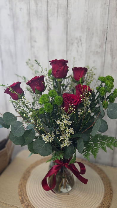 Classic Red Roses with Eucalyptus, Green mums, and White Fillers-  Fresh Flowers