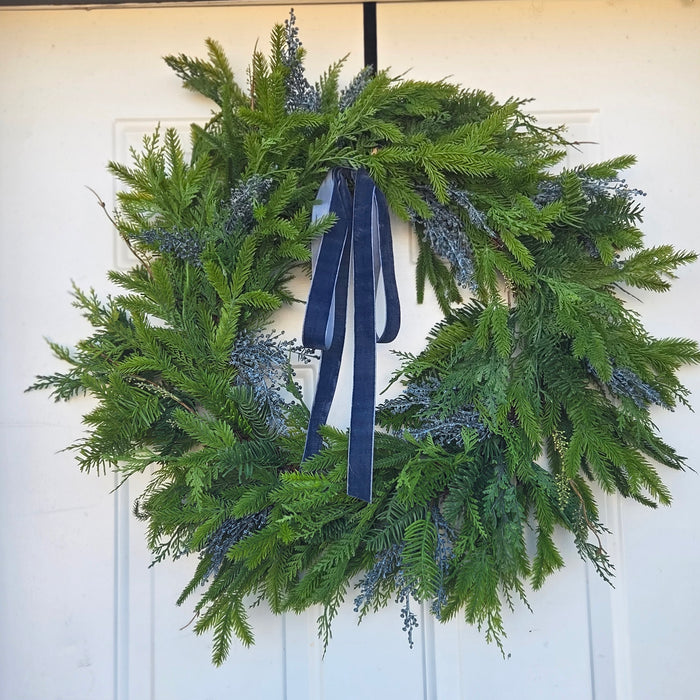 Trendy 28-inch mixed spruce and pine wreath with blue velvet ribbon – Heartland Store MN